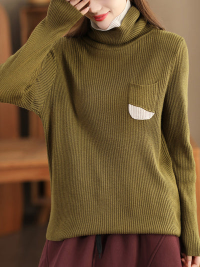 Women Casual Colorblock Knitted Turtleneck Sweater