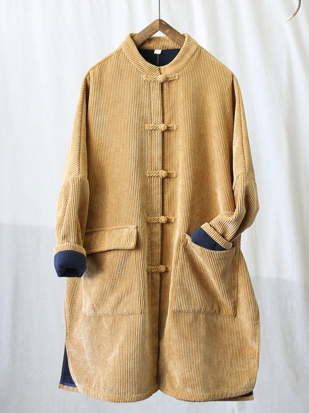 Women Vintage Solid Corduroy Long Winter Coat