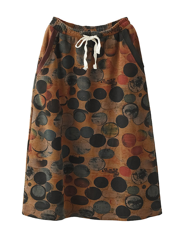 Women Vintage Print Elastic Waist Back Slit A-Line Skirt