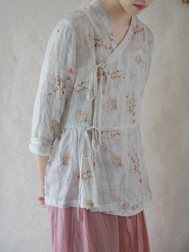Women Retro Style Flower Drawstring Loose Shirt
