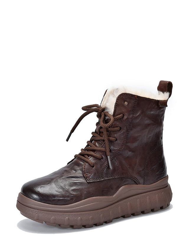Women Retro Leather Solid Fleece-lined Platfrom Boots