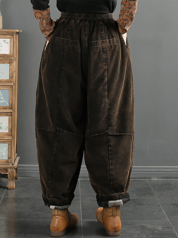 Women Retro Solid Corduroy Spliced Harem Pants