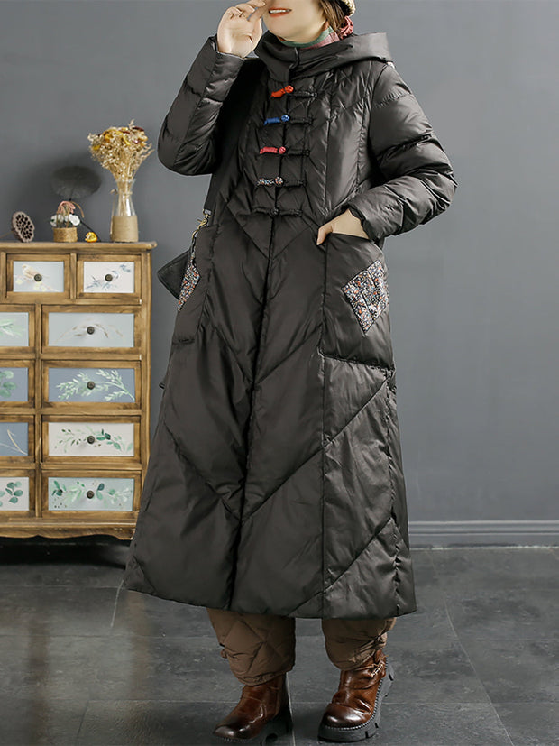 Women Ethnic Patch Spliced Long Hooded Down Coat