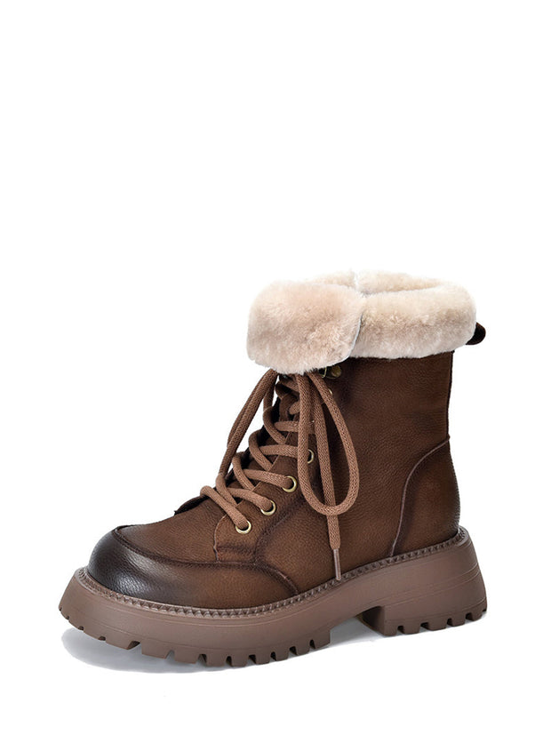 Women Vintage Leather Fleece-lined Platform Boots