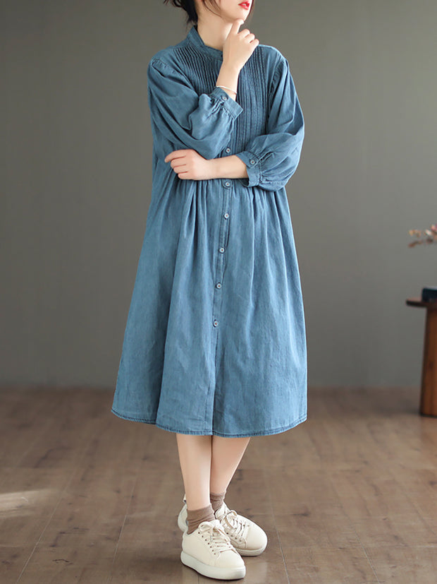 Women Vintage Solid Flod Loose Denim Dress