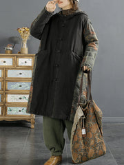 Women Retro Spliced Linen Hooded Padded Coat
