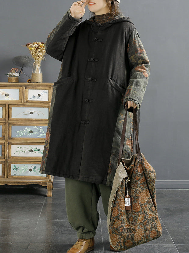 Women Retro Spliced Linen Hooded Padded Coat