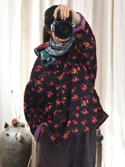 Women Winter Ethnic Floral Plaid Padded Coat