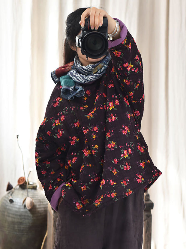 Women Winter Ethnic Floral Plaid Padded Coat