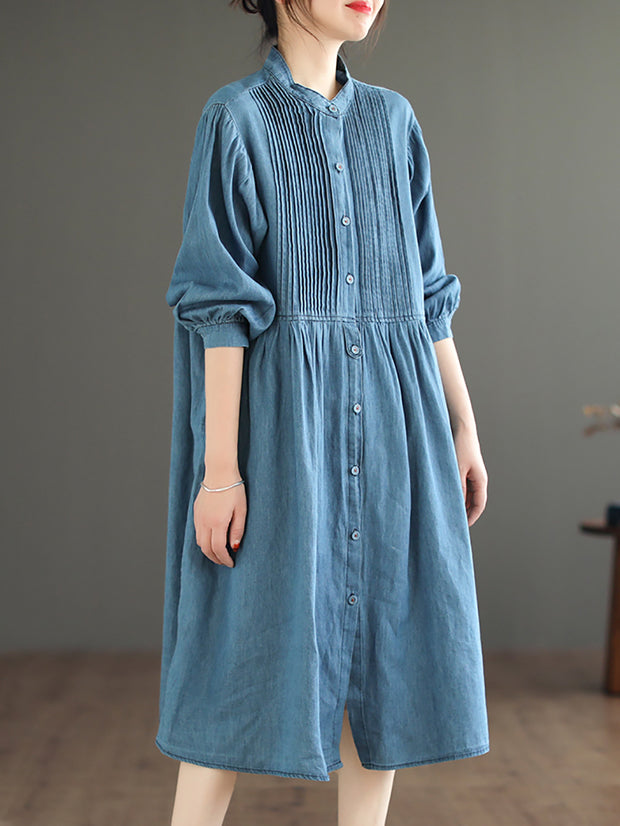 Women Vintage Solid Flod Loose Denim Dress
