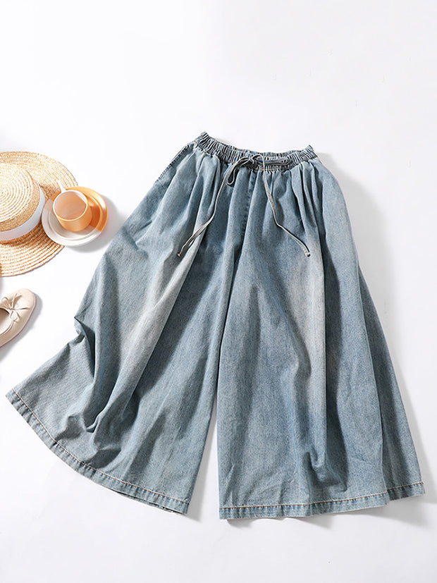 Women Casual Worn Solid Soft Wide-leg Denim Pants