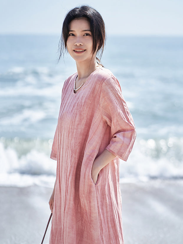 Women Casual Solid V-Neck Loose Linen Dress
