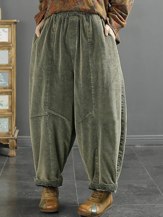 Women Retro Solid Corduroy Spliced Harem Pants