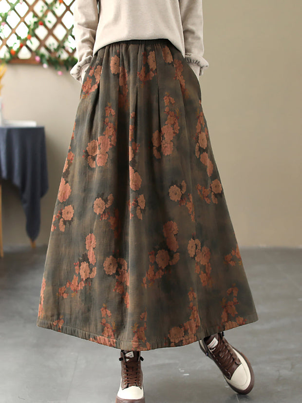 Women Vintage Flower A-shape Cotton Skirt