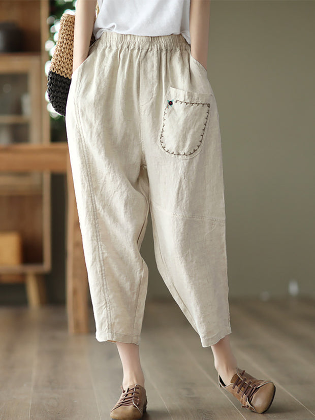 Embroidered Women Casual Elastic Waist Linen Harem Pants