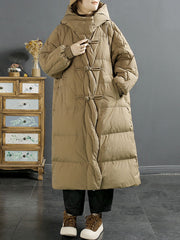 Women Vintage Solid Buckle Long Hooded Down Coat