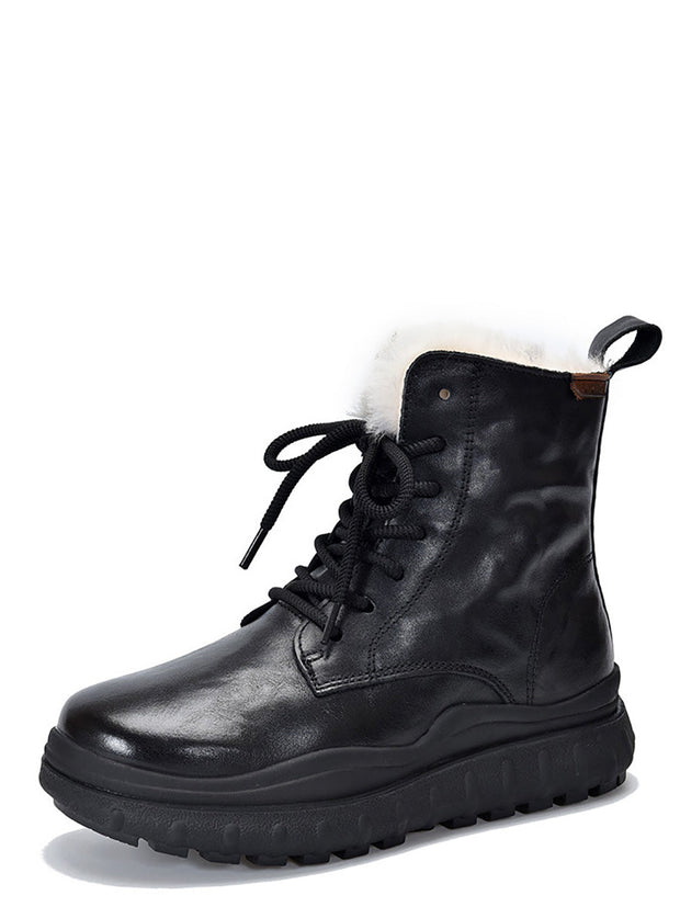Women Retro Leather Solid Fleece-lined Platfrom Boots