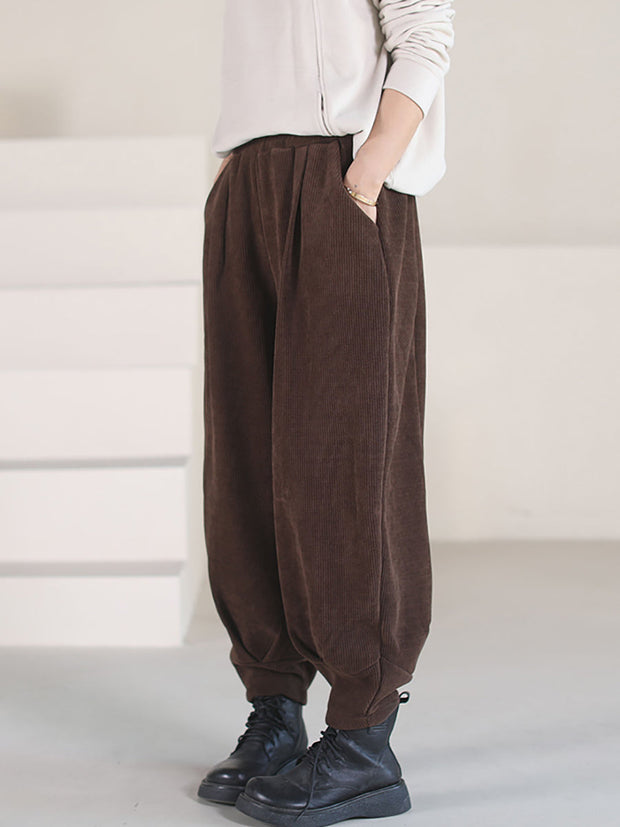 Plus Size Women Vintage Solid Winter Corduroy Pants
