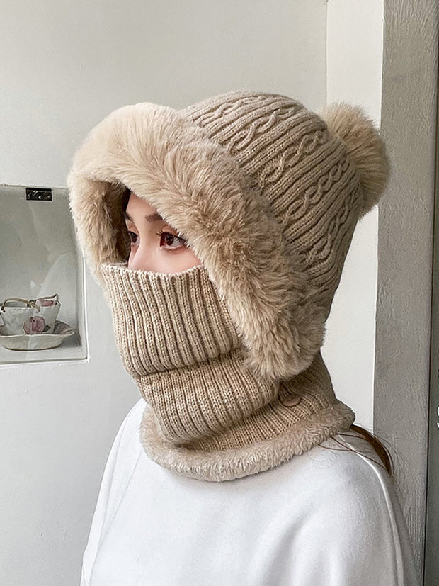 Women Winter Plush Spliced Knitted Scarf Hat
