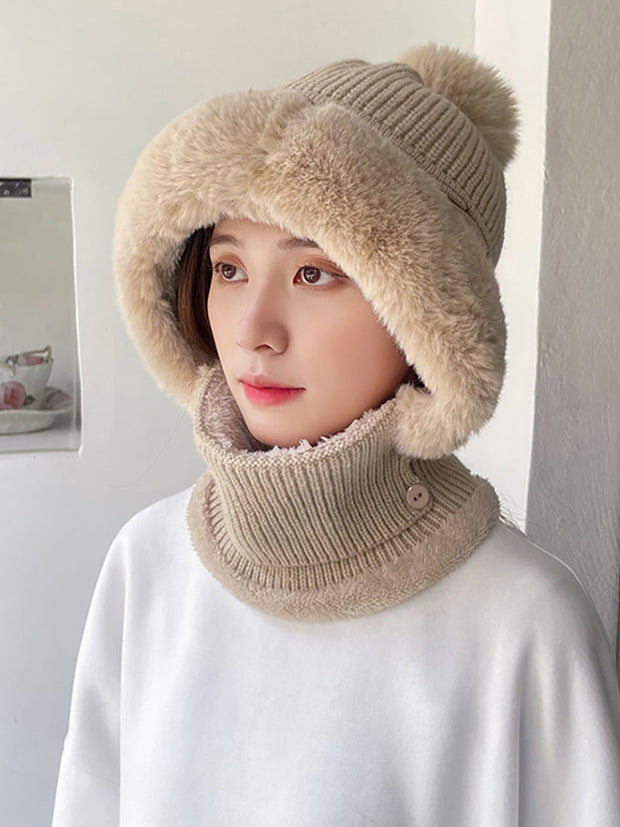 Women Fashion Solid Warm Plush Scarf Hat