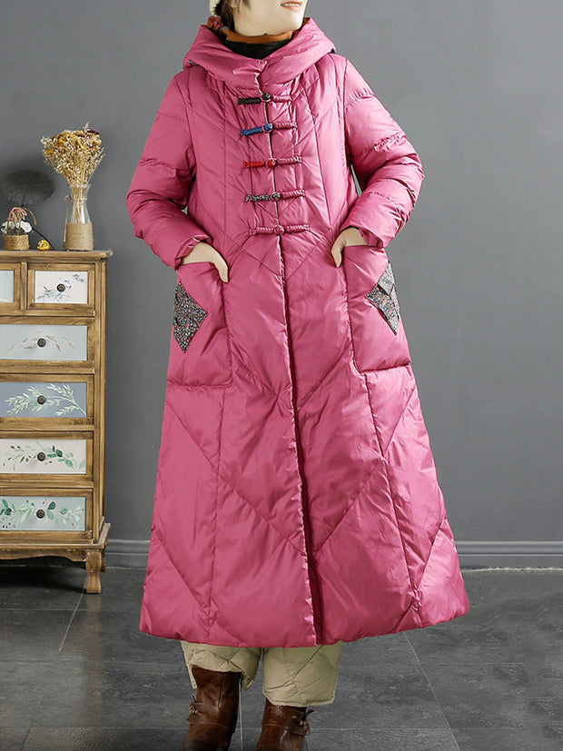 Women Ethnic Patch Spliced Long Hooded Down Coat