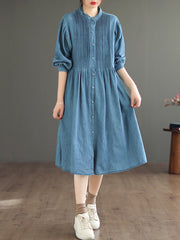 Women Vintage Solid Flod Loose Denim Dress