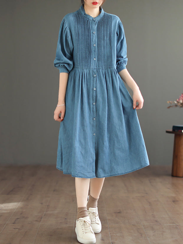 Women Vintage Solid Flod Loose Denim Dress