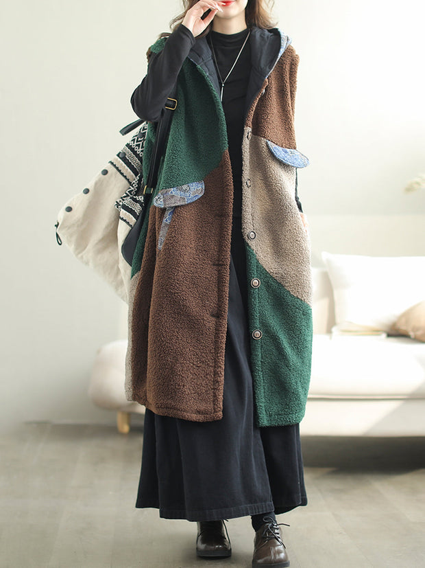 Women Autumn Casual Colorblock Hooded Vest Coat