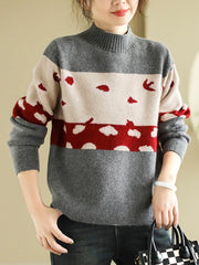 Women Artsy Print O-Neck Wool Knitted Sweater