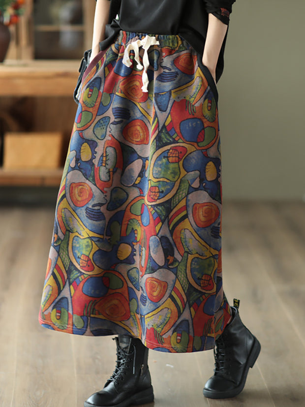 Women Vintage Print Elastic Waist Back Slit A-Line Skirt