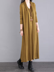 Women Long Sleeve Loose V Neck Fake Two Piece Dress