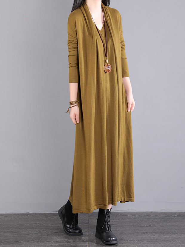 Women Long Sleeve Loose V Neck Fake Two Piece Dress
