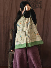 Women Ethnic Flower Print Spliced Warm Vest Coat