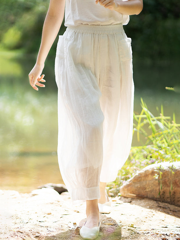 Ramie Summer Elastic Waist Loose Pants
