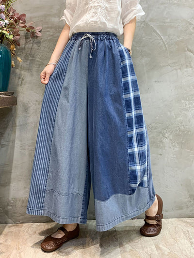 Women Spring Retro Stripe Plaid Spliced Wide-leg Pants