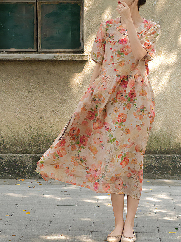 Frauen chinesisches Vintage-Sommer-Blumenknopf-loses Kleid