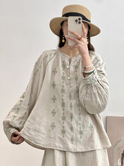 Women Ethnic Print Spring Loose Linen Shirt
