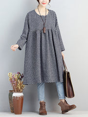 Women Round Neck Autumn Loose Dot Dress