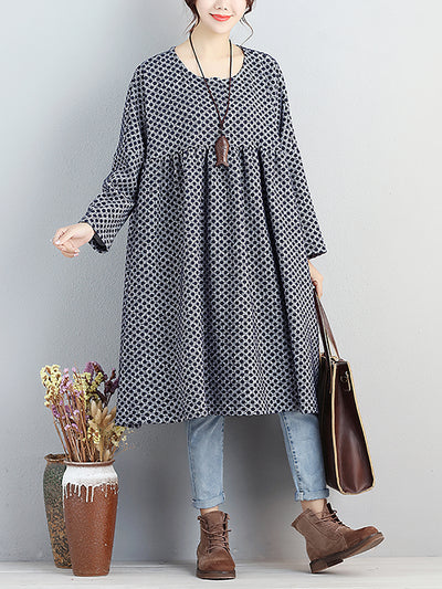 Women Round Neck Autumn Loose Dot Dress
