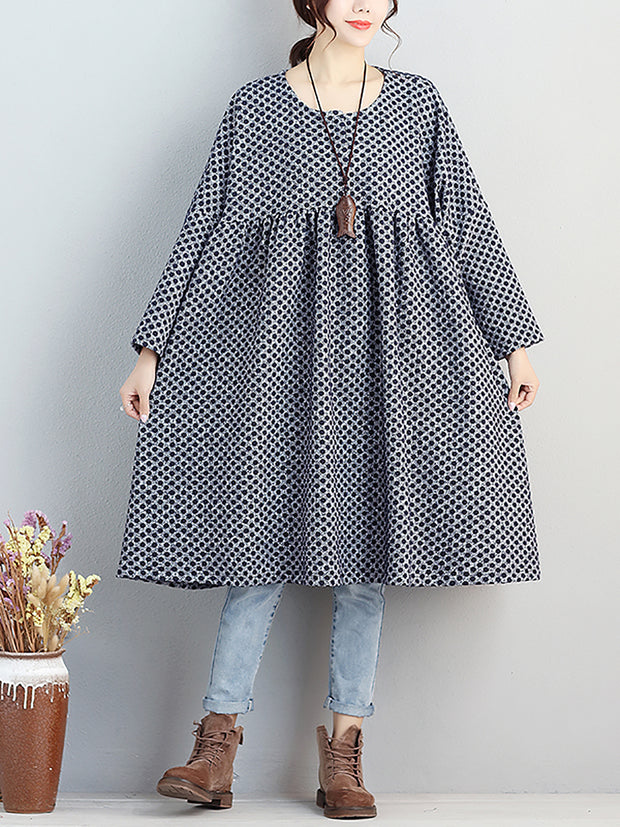 Women Round Neck Autumn Loose Dot Dress