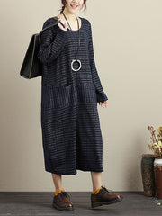 Plus Size Women Spring Casual Stripe Pocket Loose Long Sleeve Dress