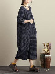 Plus Size Women Spring Casual Stripe Pocket Loose Long Sleeve Dress
