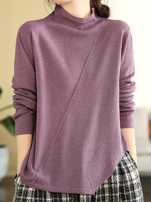 Women Loose Irregular Hem Half-high Collar  Sweater