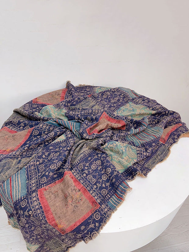 Women Vintage Flower Print Tassel Triangle Scarf