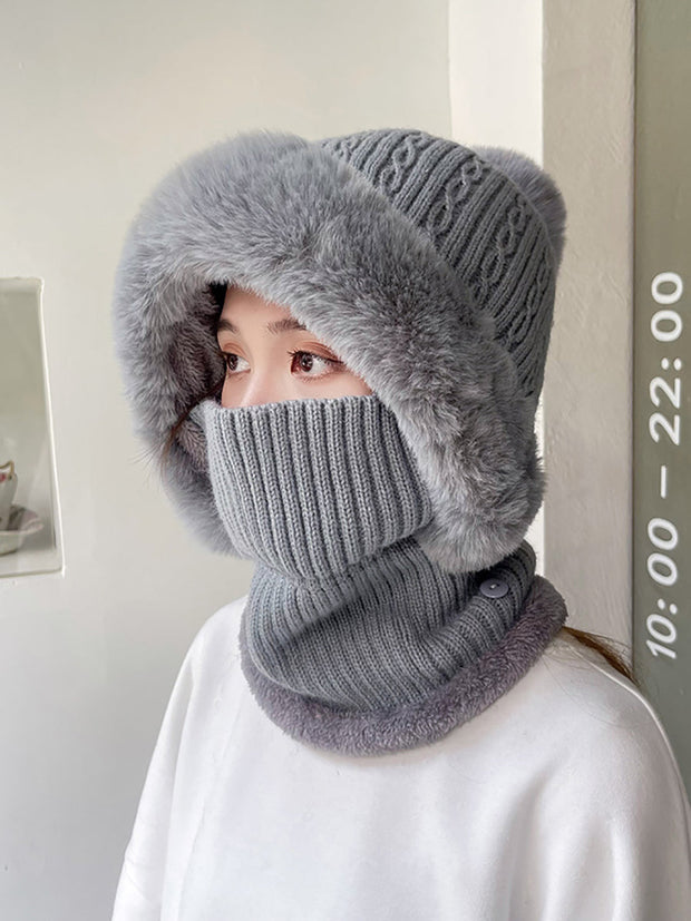 Women Winter Plush Spliced Knitted Scarf Hat