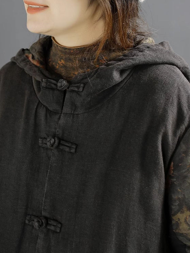 Women Retro Spliced Linen Hooded Padded Coat