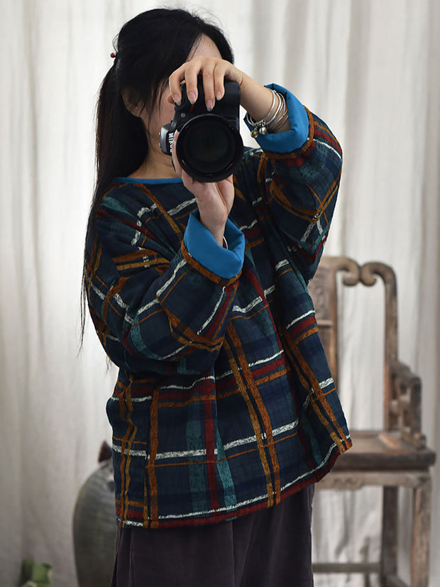 Women Winter Ethnic Floral Plaid Padded Coat
