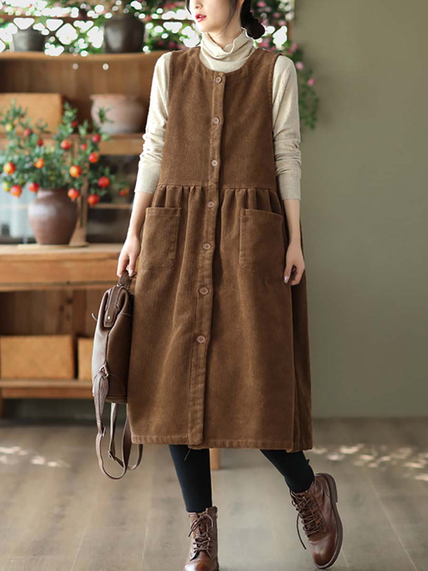 Women Vintage Corduroy Solid Button Vest Dress