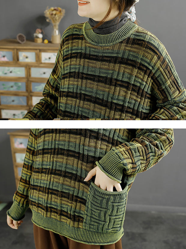 Women Winter Retro Stripe Jacquard O-Neck Sweater