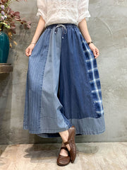 Women Spring Retro Stripe Plaid Spliced Wide-leg Pants